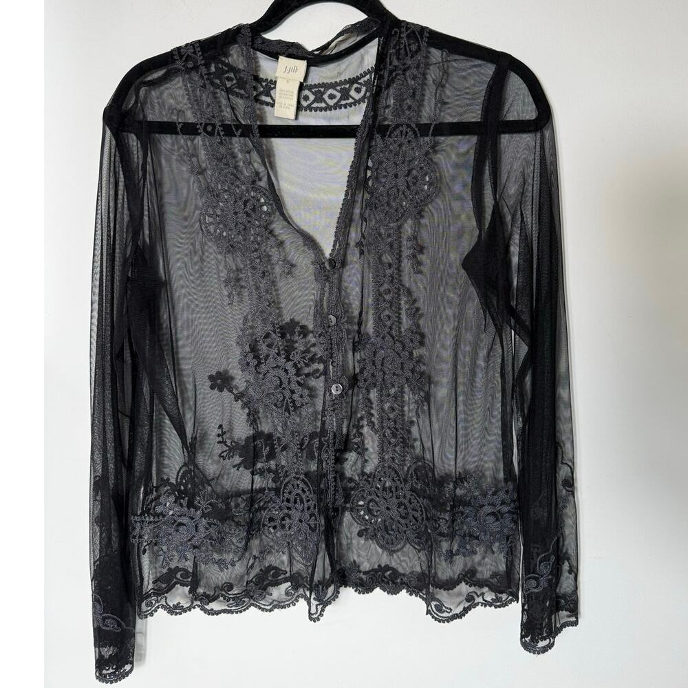 Y2K J Jill S Black Sheer Embroidered Cardigan Top Fairy Grunge Whimsigoth Lace